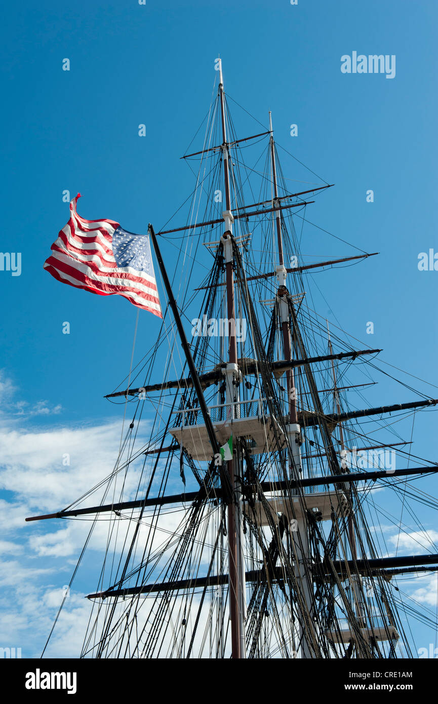 Museum ship, USS Constitution, masts, rigging and national flag, frigate of the U.S. Navy, Charlestown Navy Yard, Freedom Trail Stock Photo