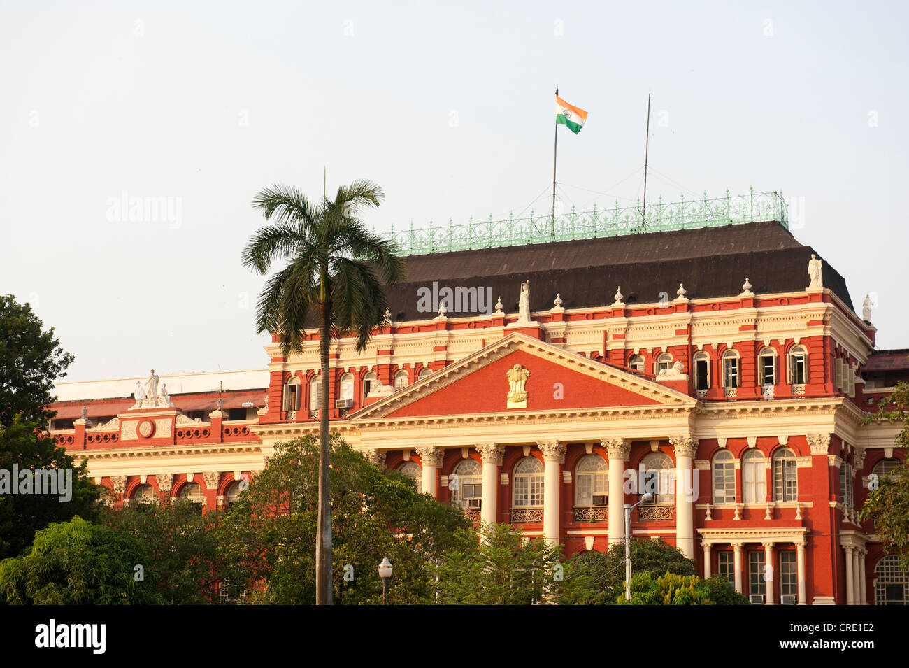 British colonial architecture, seat of government Writers' Building, Indian flag, BBD Bag, Dalhousie Square, Calcutta, Kolkata Stock Photo