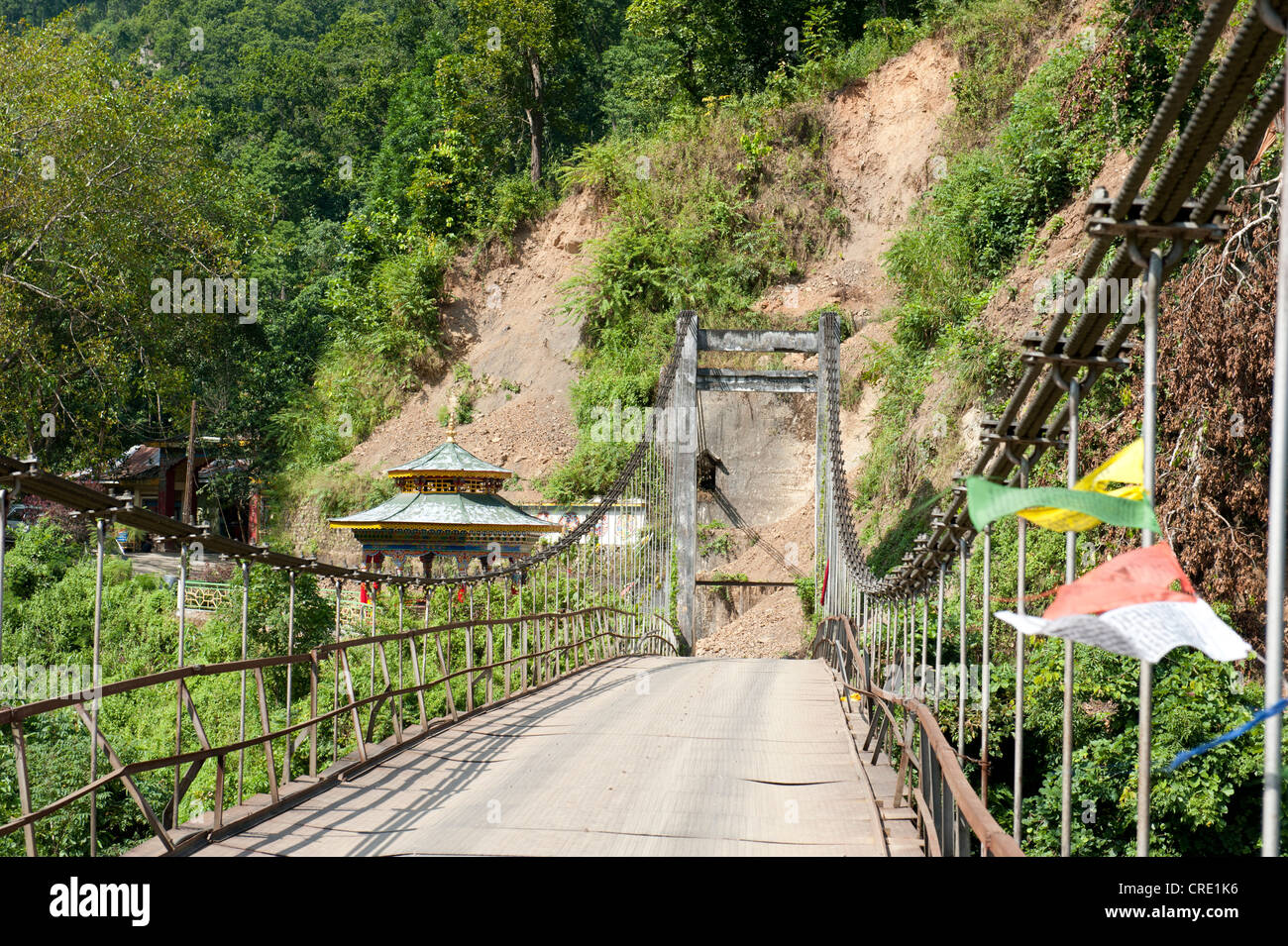 Suspension bridge, border between West Bengal and Sikkim, view towards Sikkim, Himalayan foothills, India, South Asia, Asia Stock Photo