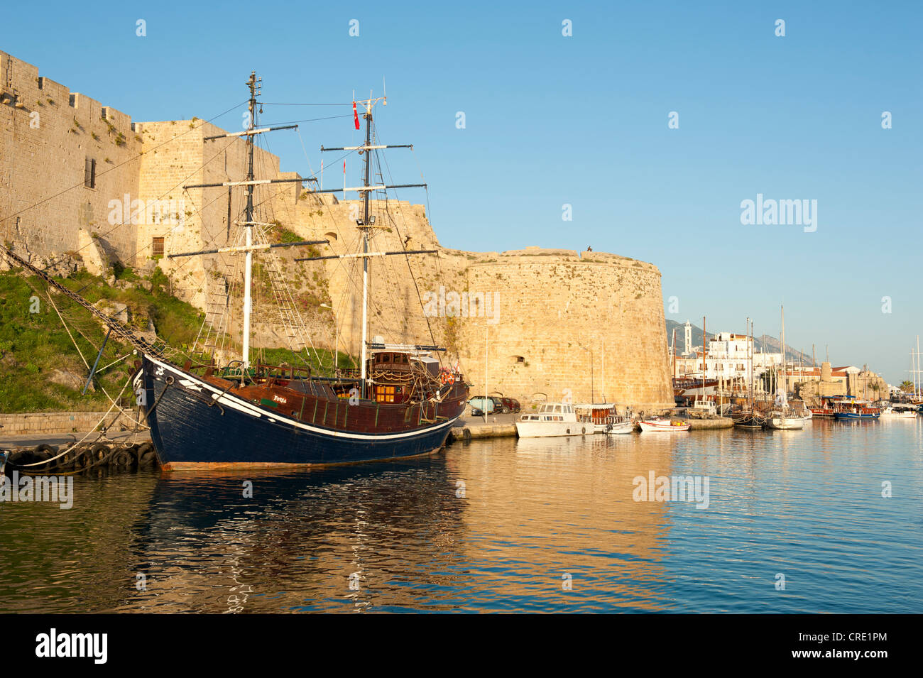 Old sailing ship in front of the old fortress, port, Girne, Kyrenia, Turkish Republic of Northern Cyprus, Cyprus, Europe Stock Photo
