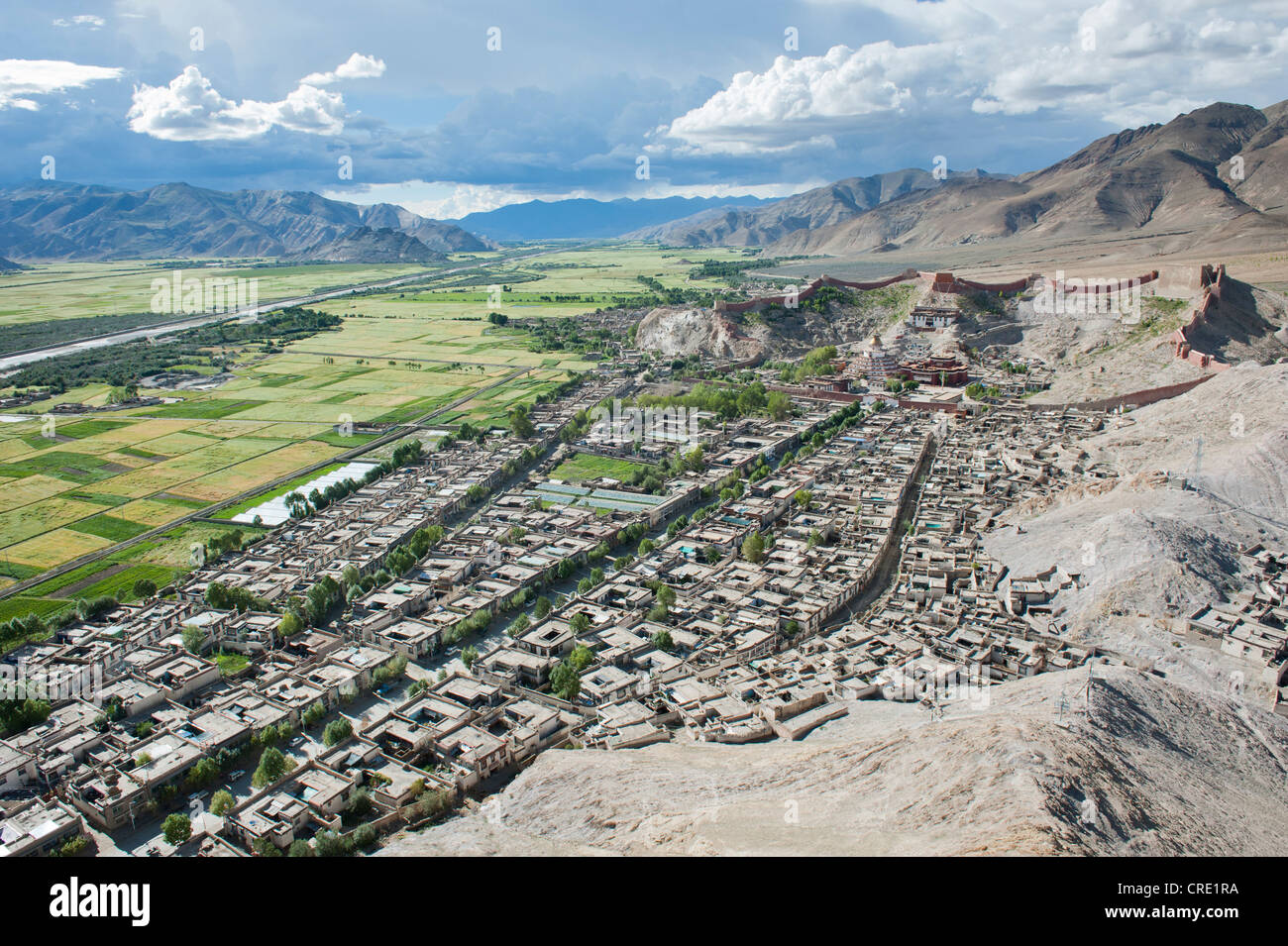 Tibetan Buddhism, aerial view, Palcho Monastery with the Kumbum Stupa behind the historic district, also known as Pelkor Chode Stock Photo