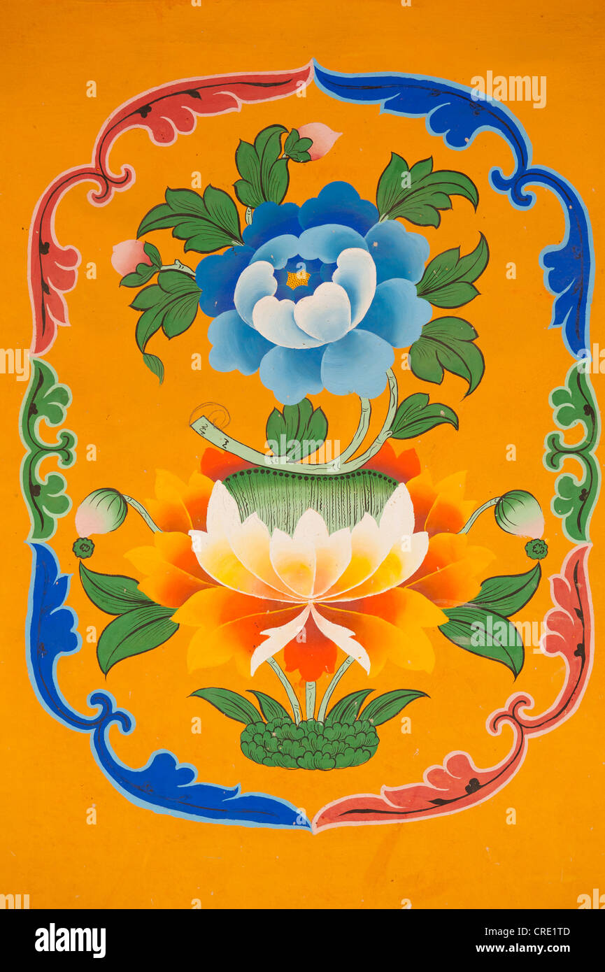 Tibetan Buddhism, mural painting, emblem, blue blossom above a lotus