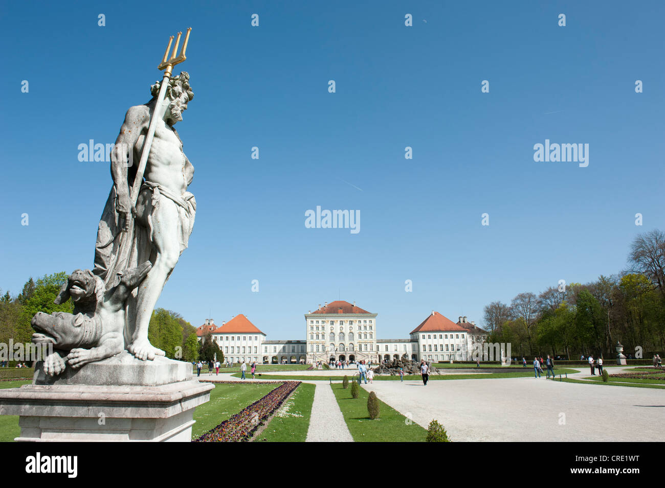 Sculpture of Hades, with Kerberos or Cerberus at his feet, Schlosspark, grounds of Schloss Nymphenburg Palace, summer residence Stock Photo