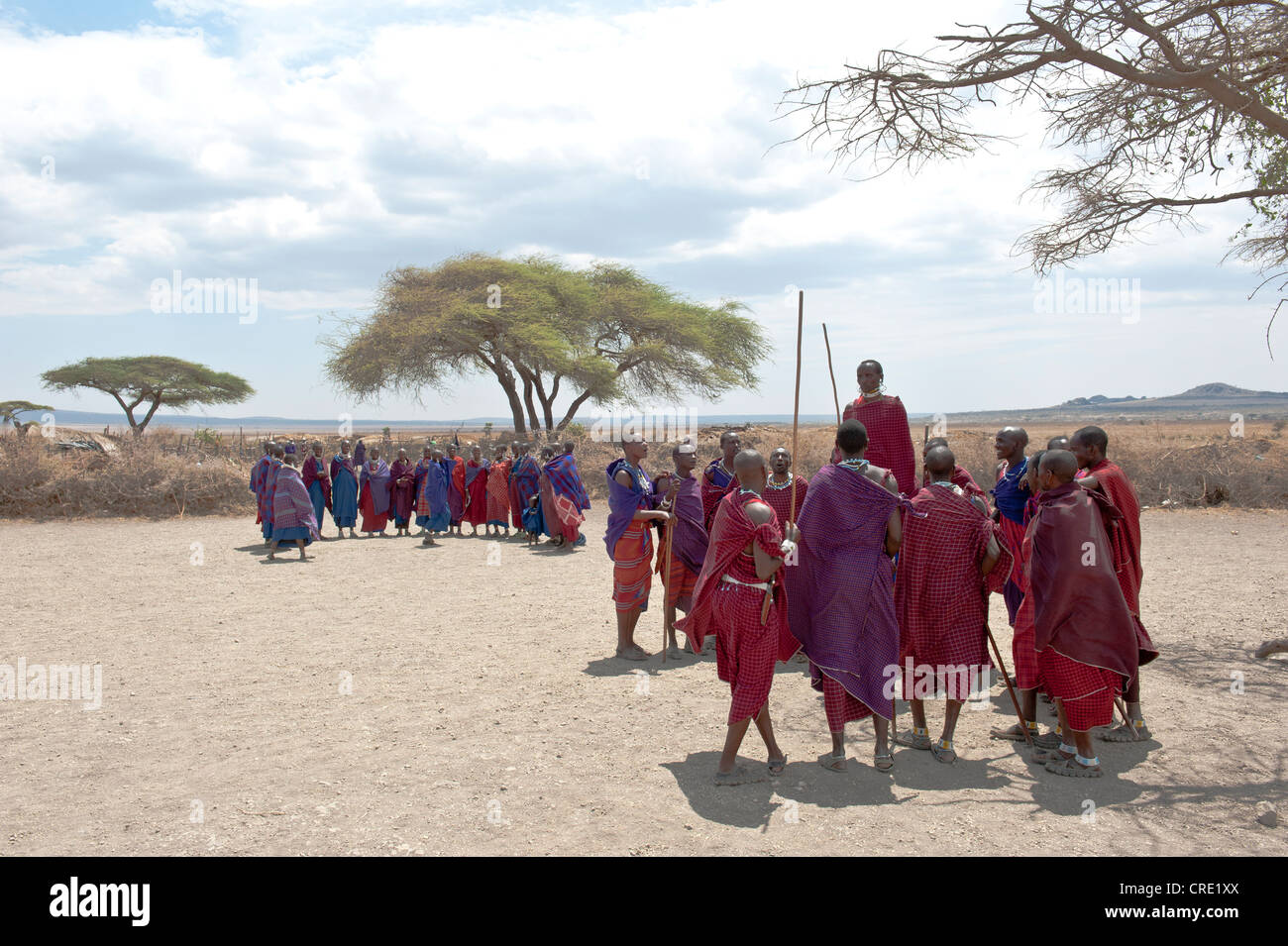Ethnology, group of women, group of men, man jumping while dancing, Masai, village of Kiloki, Savannah Stock Photo