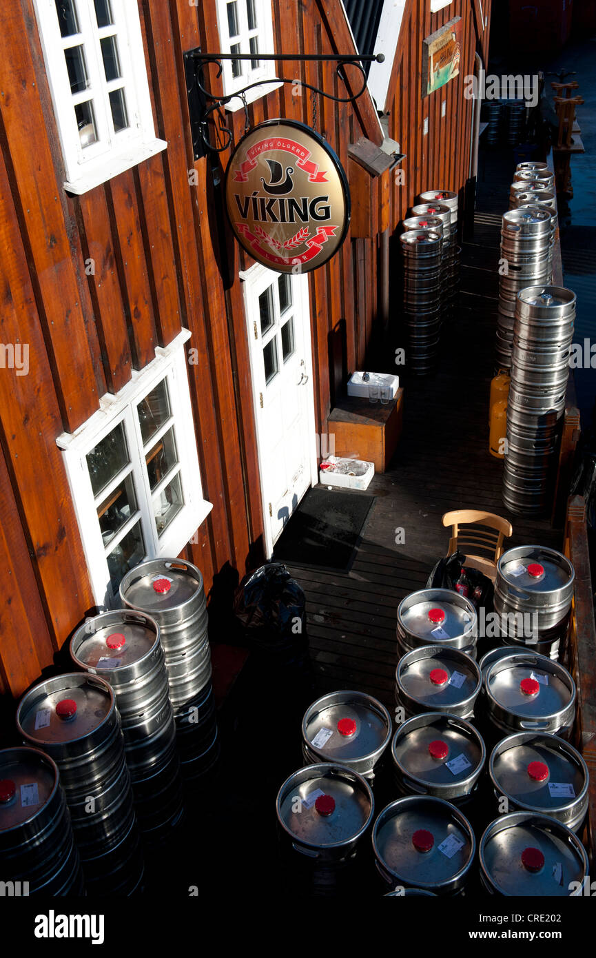 Beer barrels stacked up, pub sign Viking beer, rear of bar, restaurant