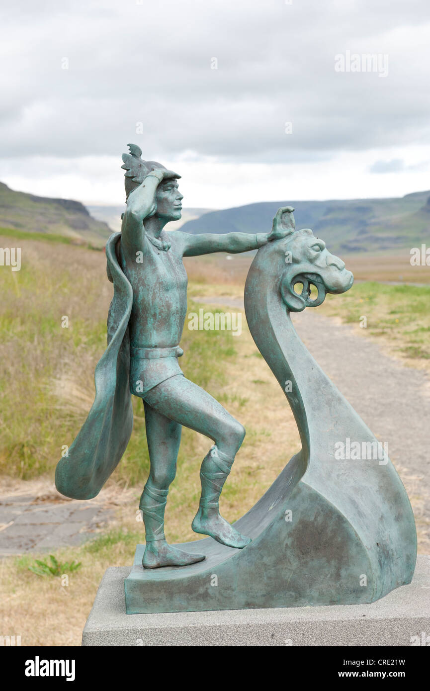 Leifur Eiríksson, Leif Ericson, small bronze statue, Eiríksstaðir, Eiriksstadir, Iceland, Scandinavia, Northern Europe, Europe Stock Photo