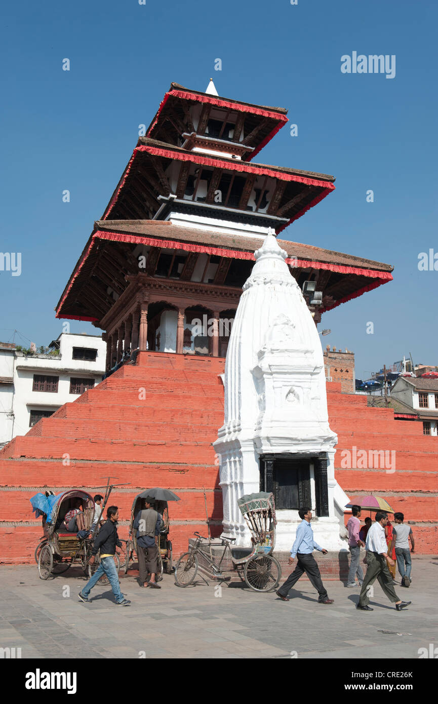 Hinduism, three-story Nepalese pagoda, architecture of the Newar, Shiva Temple Maju Deval, white Shikhara, Durbar Square with Stock Photo