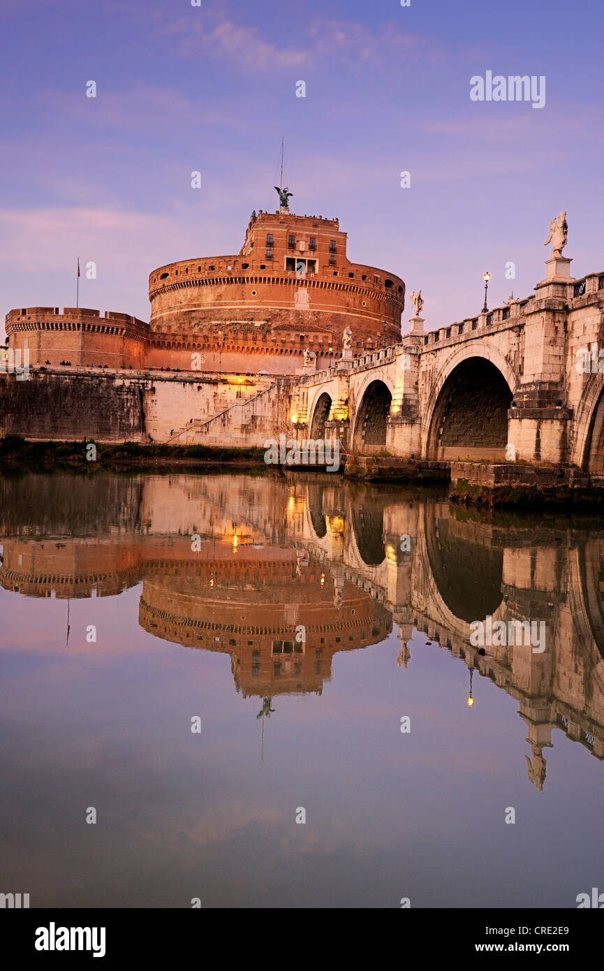 Castel Sant'Angelo and Ponte Sant'Angelo reflected in the Tiber river, Rome, Italy, Europe Stock Photo