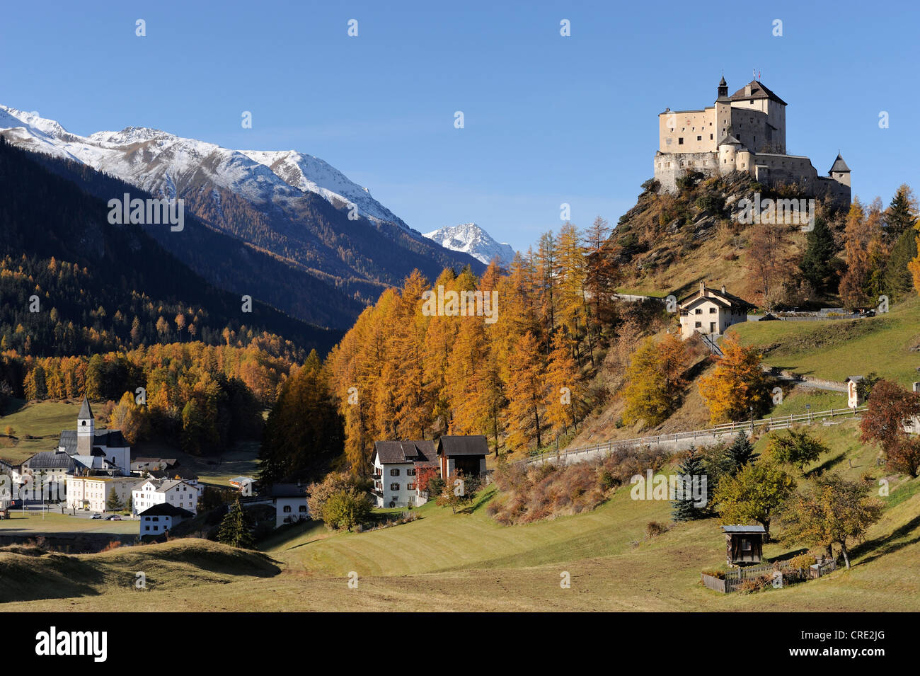 Tarasp Castle with the village of Tarasp, Scuol, Lower Engadin, Grisons, Switzerland, Europe Stock Photo