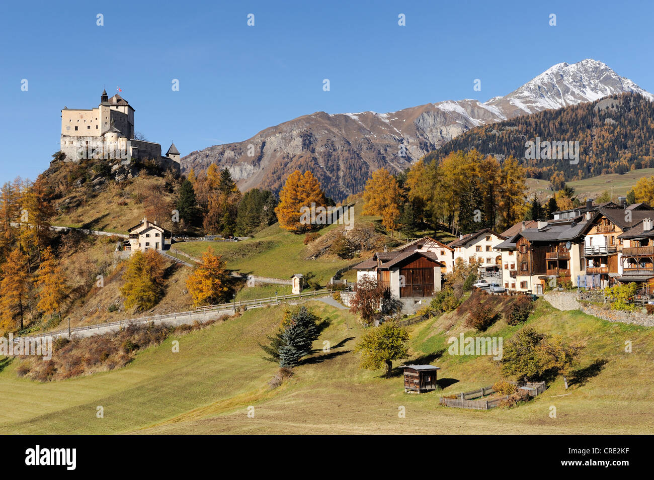 Tarasp Castle with the village of Tarasp, Scuol, Lower Engadin, Grisons, Switzerland, Europe Stock Photo