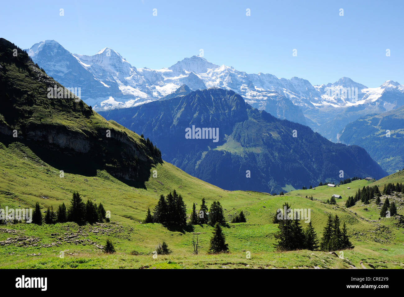 View of Eiger mountain, Moench mountain and Jungfrau mountain as seen ...