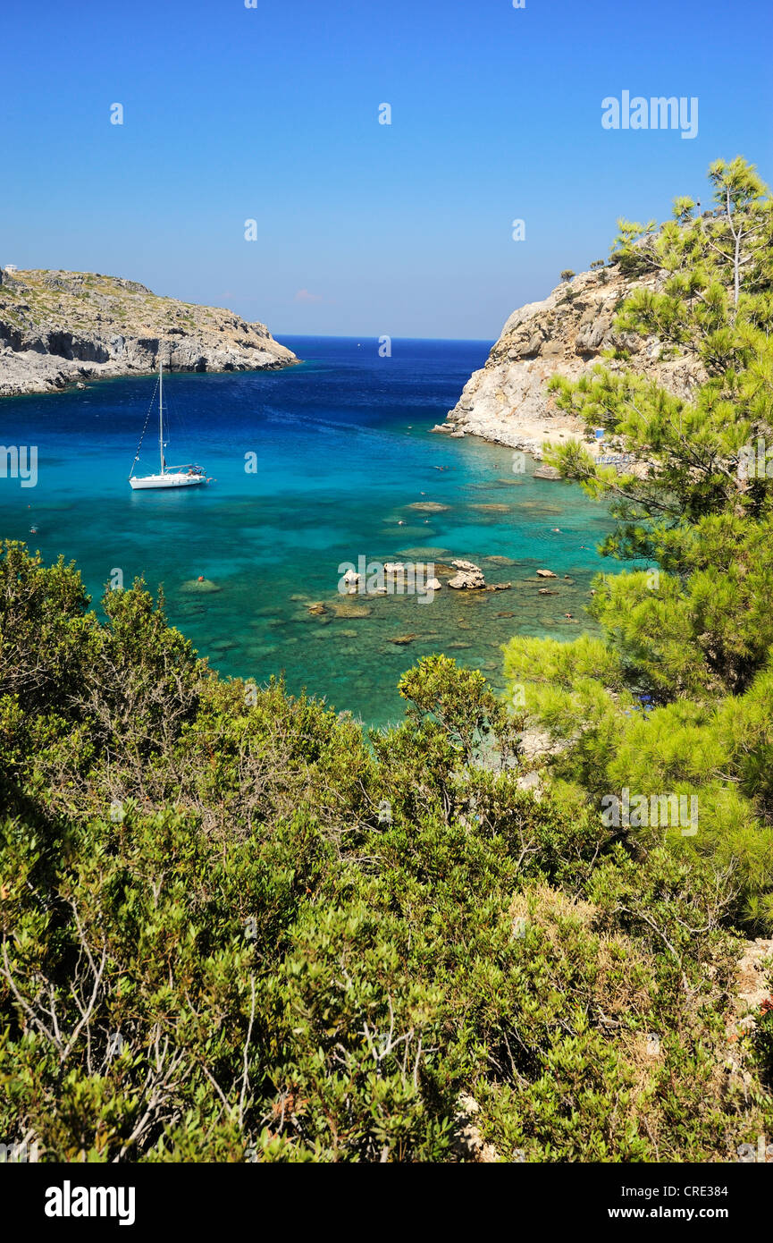 Anthony Quinn Bay with sailing ship, Faliraki, Rhodes, Greece, Europe Stock Photo