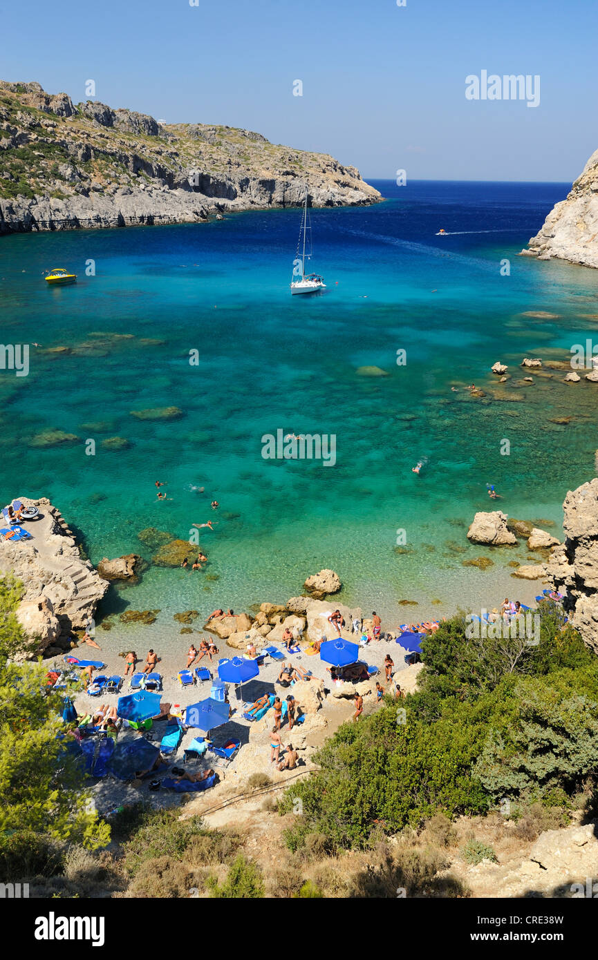 Anthony Quinn Bay with sailing ship, Faliraki, Rhodes, Greece, Europe Stock Photo