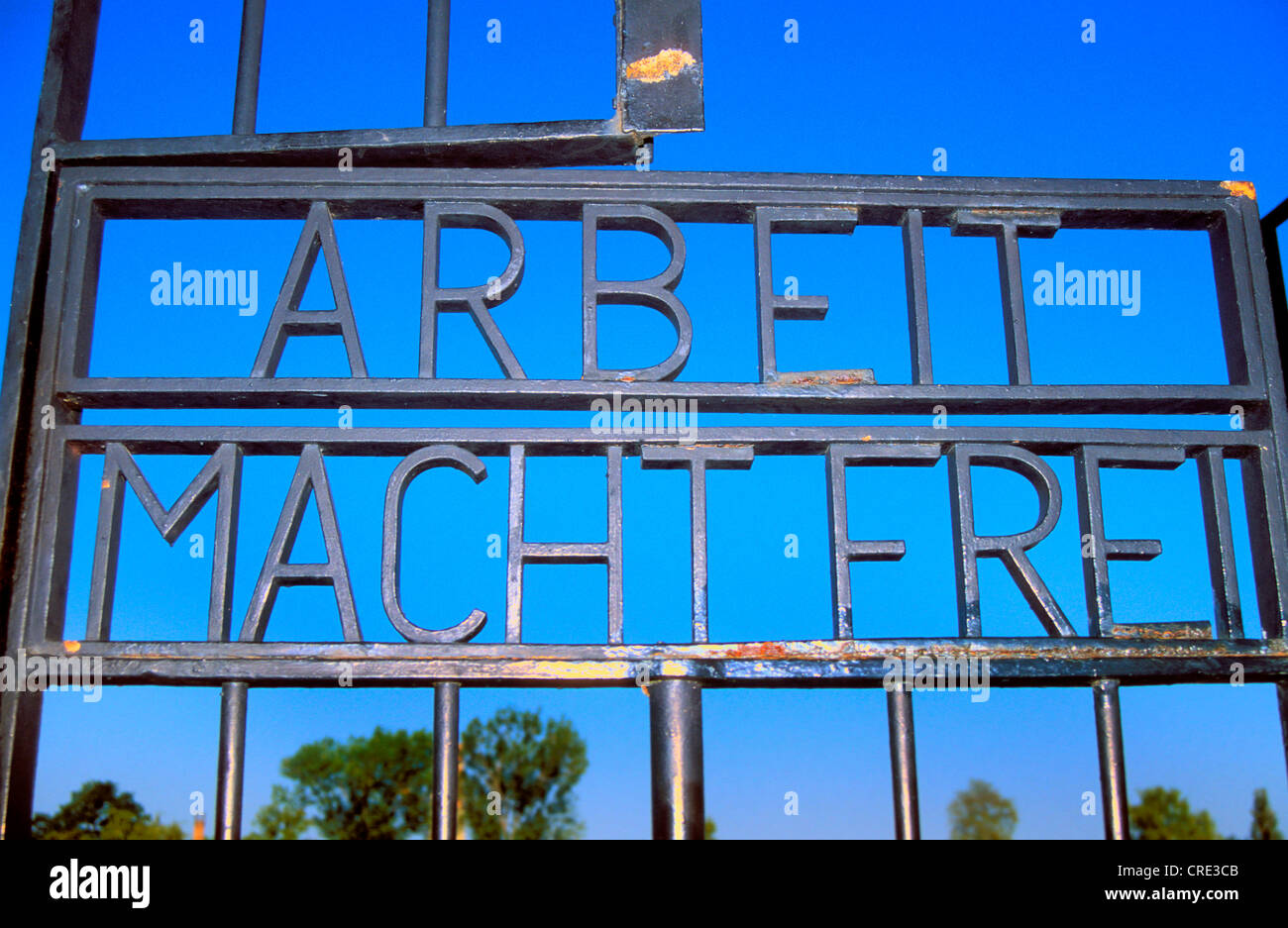 'Arbeit macht frei' says the main gate to the concentration camp Sachsenhausen, Germany, Sachsenhausen Stock Photo