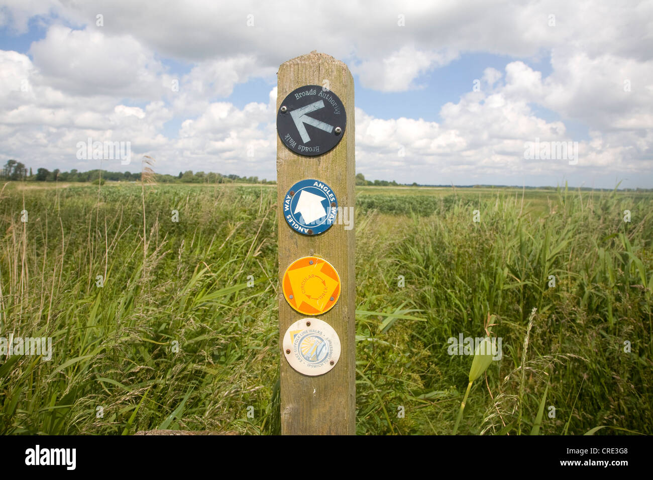 Angles way long distance footpath marker post near Oulton Broad, Suffolk, England Stock Photo