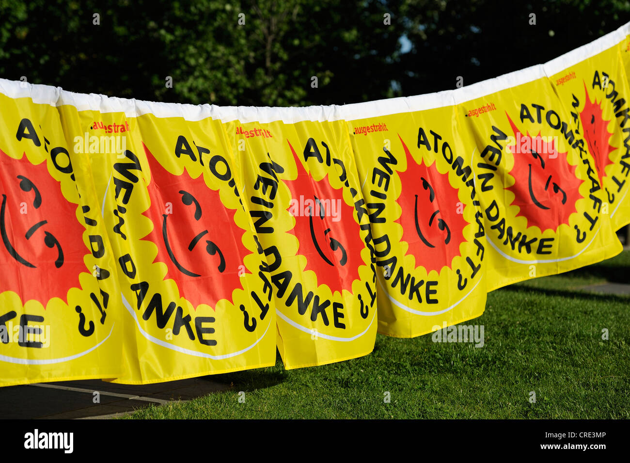 'Atomkraft, nein danke', German for 'nuclear power, no thanks', banners against nuclear power Stock Photo