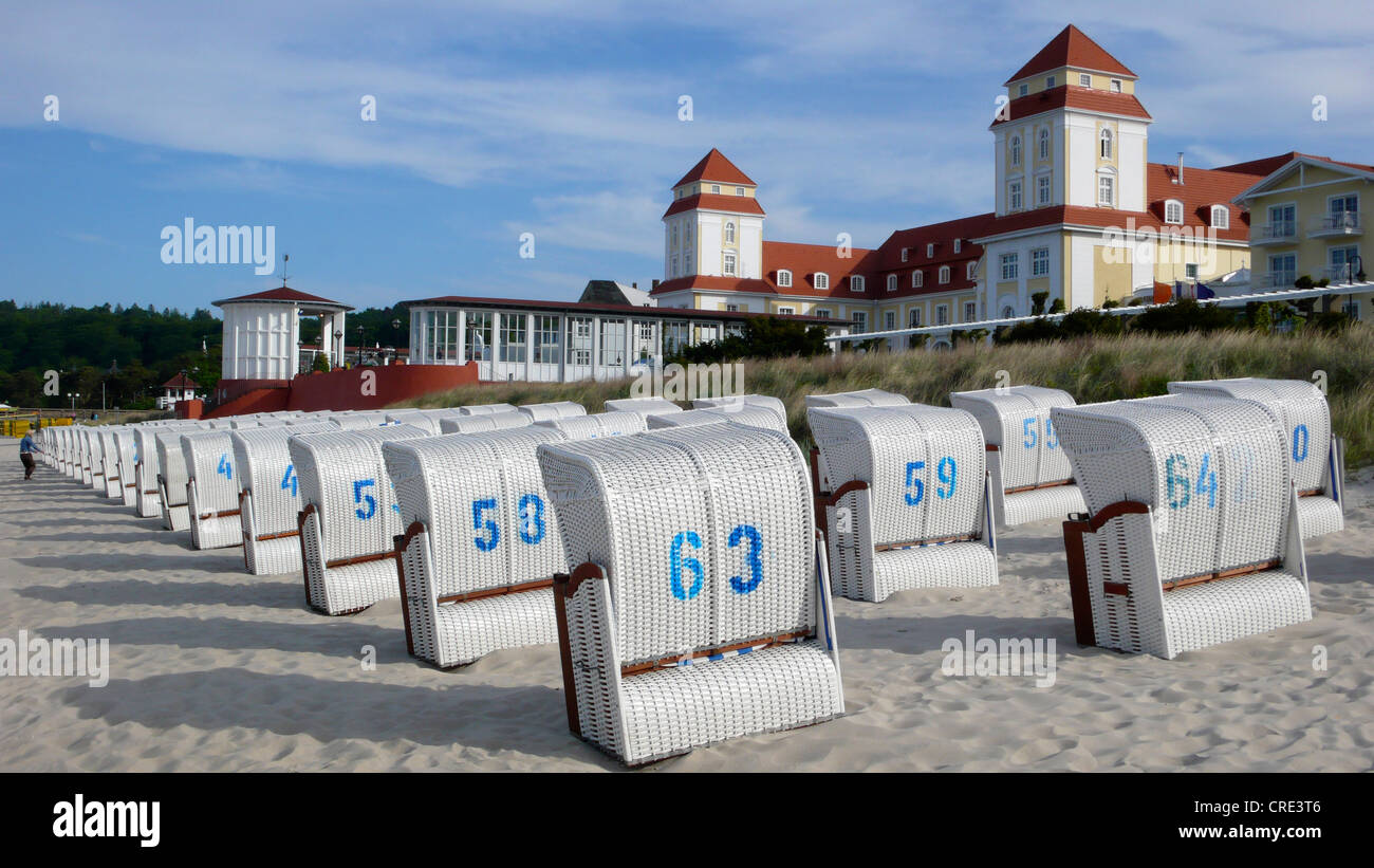 beach chairs in front of Kurhaus, Germany, Ruegen, Insel Ruegen, Binz Stock Photo