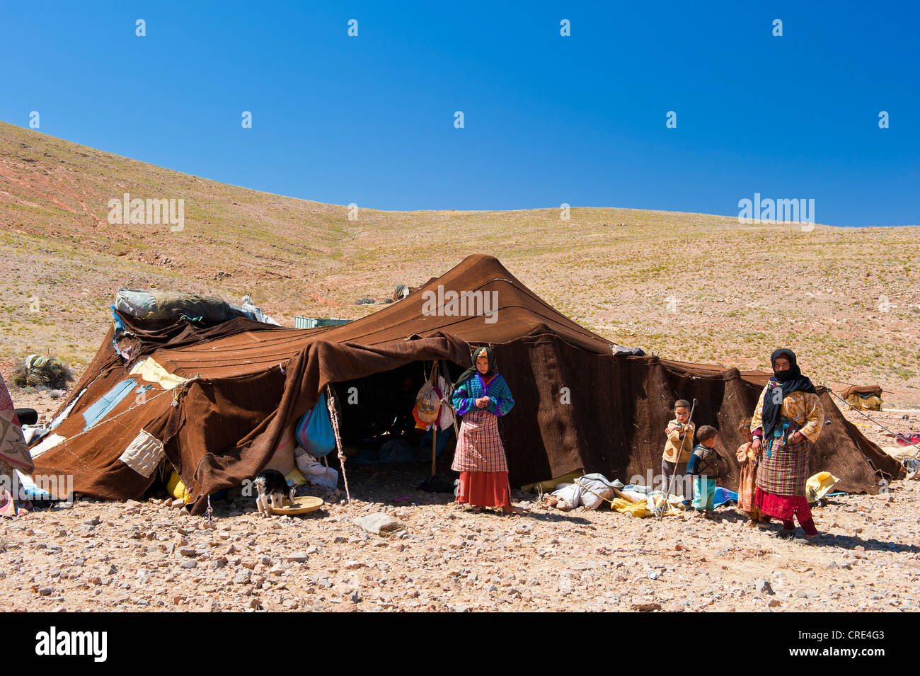 Women and children standing in front of their nomadic tent, Anti-Atlas Mountains, southern Morocco, Morocco, Africa Stock Photo