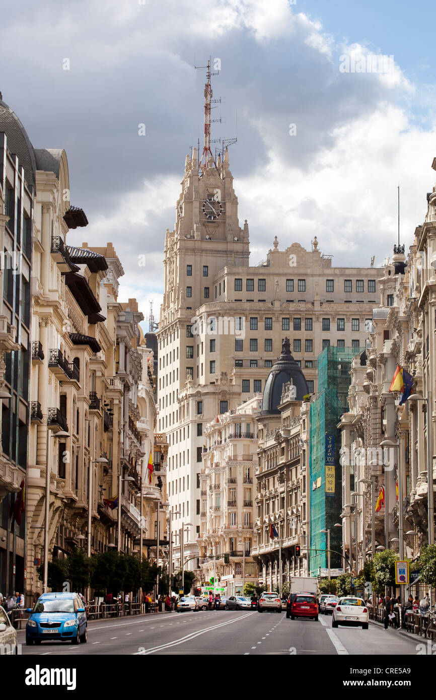 Gran Via boulevard with the head office, headquarters, of the Spanish company