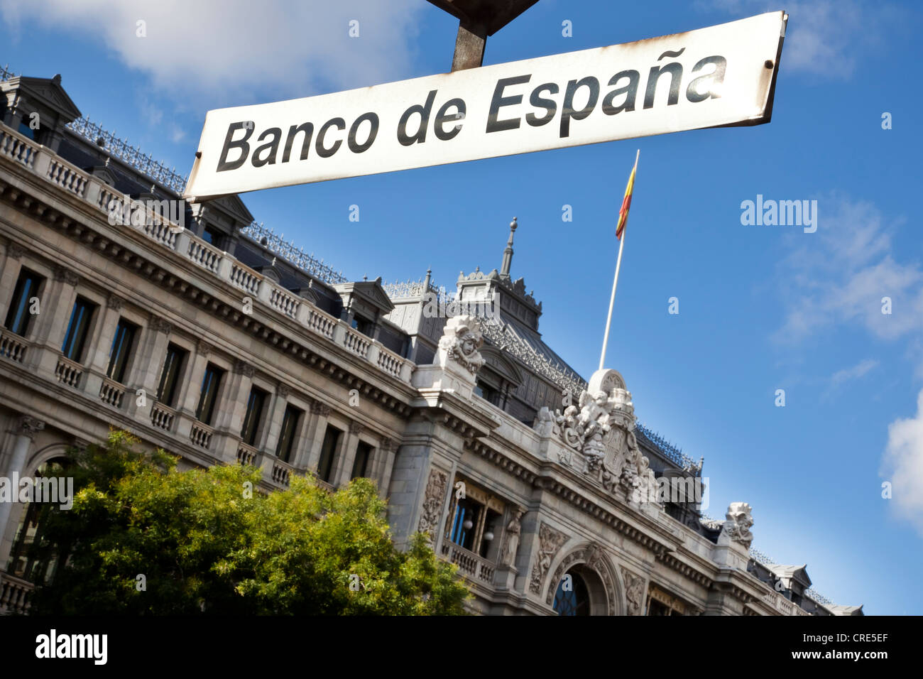 Sign for the metro station at the Central Bank of Spain, Banco de Espana, on Plaza de la Cibeles square, Madrid, Spain, Europe Stock Photo