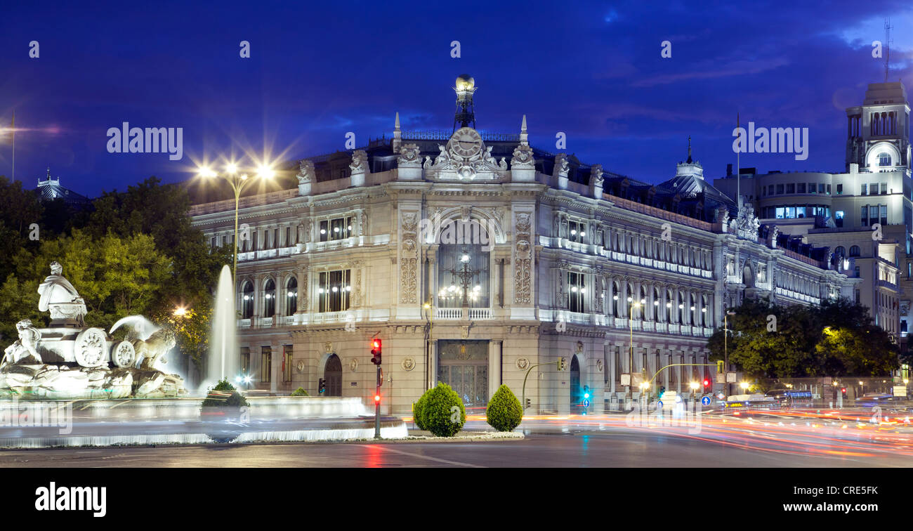 Central Bank of Spain, Banco de Espana, Plaza de la Cibeles square, at night, Madrid, Spain, Europe Stock Photo