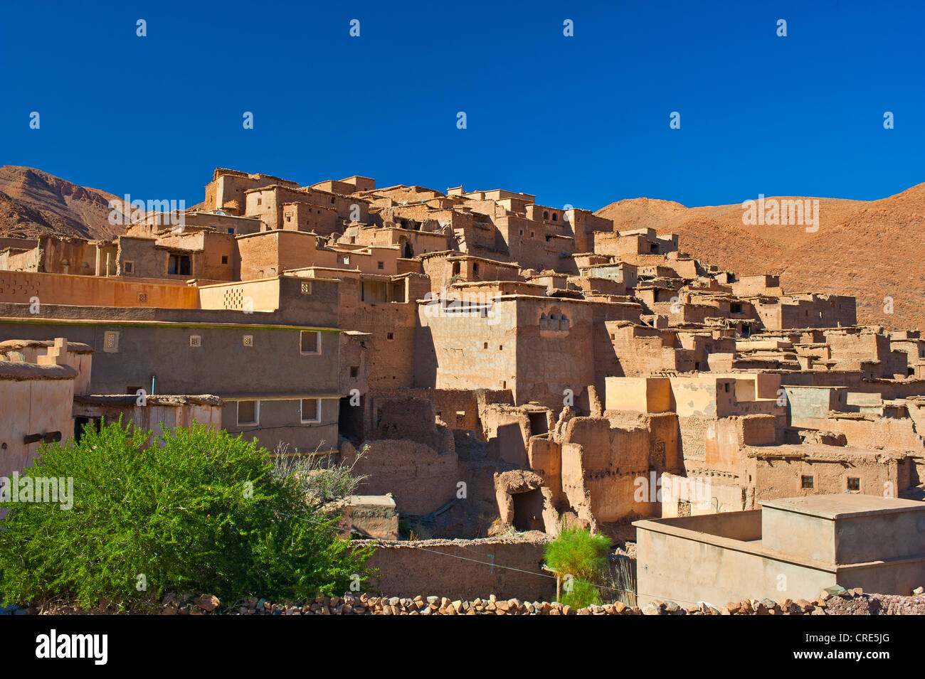 Small settlement of Ksar, with houses nested on each other on a hillside, Ait Mansour valley, Anti-Atlas Mountains Stock Photo