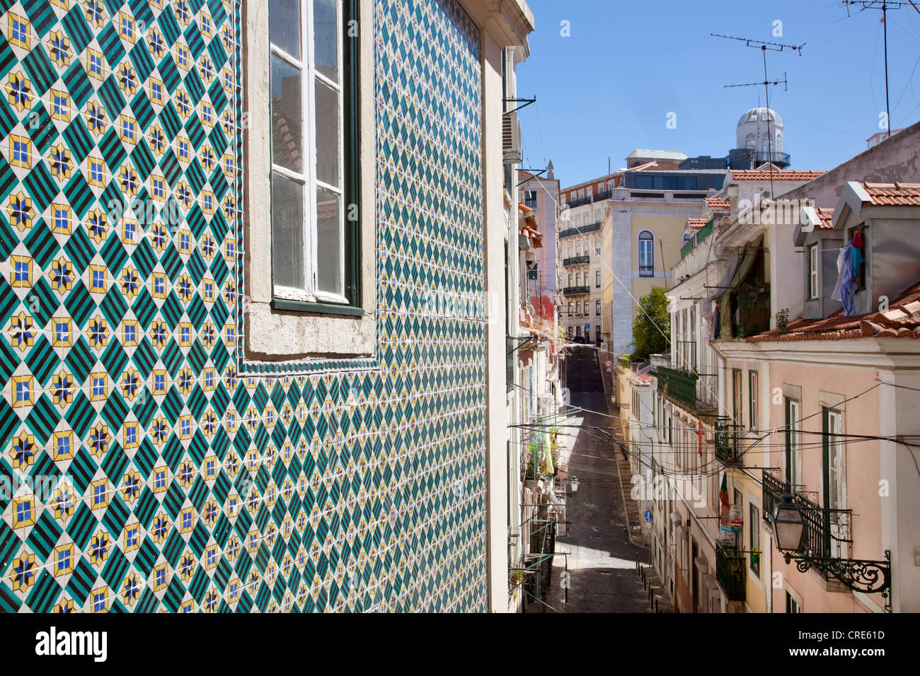House facade with colourful tiles in the district of Bairro Alto, Lisbon, Portugal, Europe Stock Photo