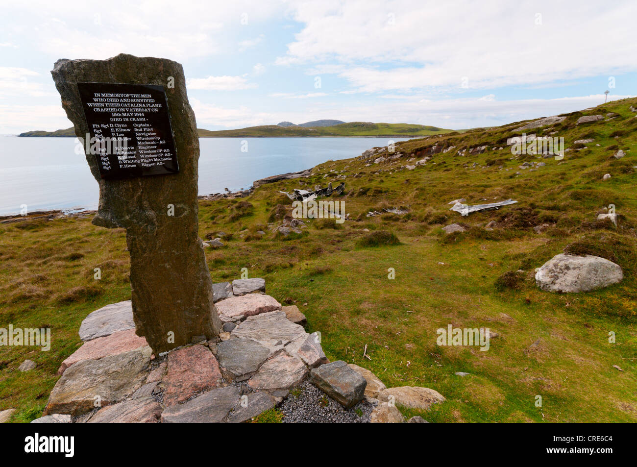 A memorial on the island of Vatersay to the victims and survivors of a Catalina Flying Boat crash during WWII in 1944. Stock Photo