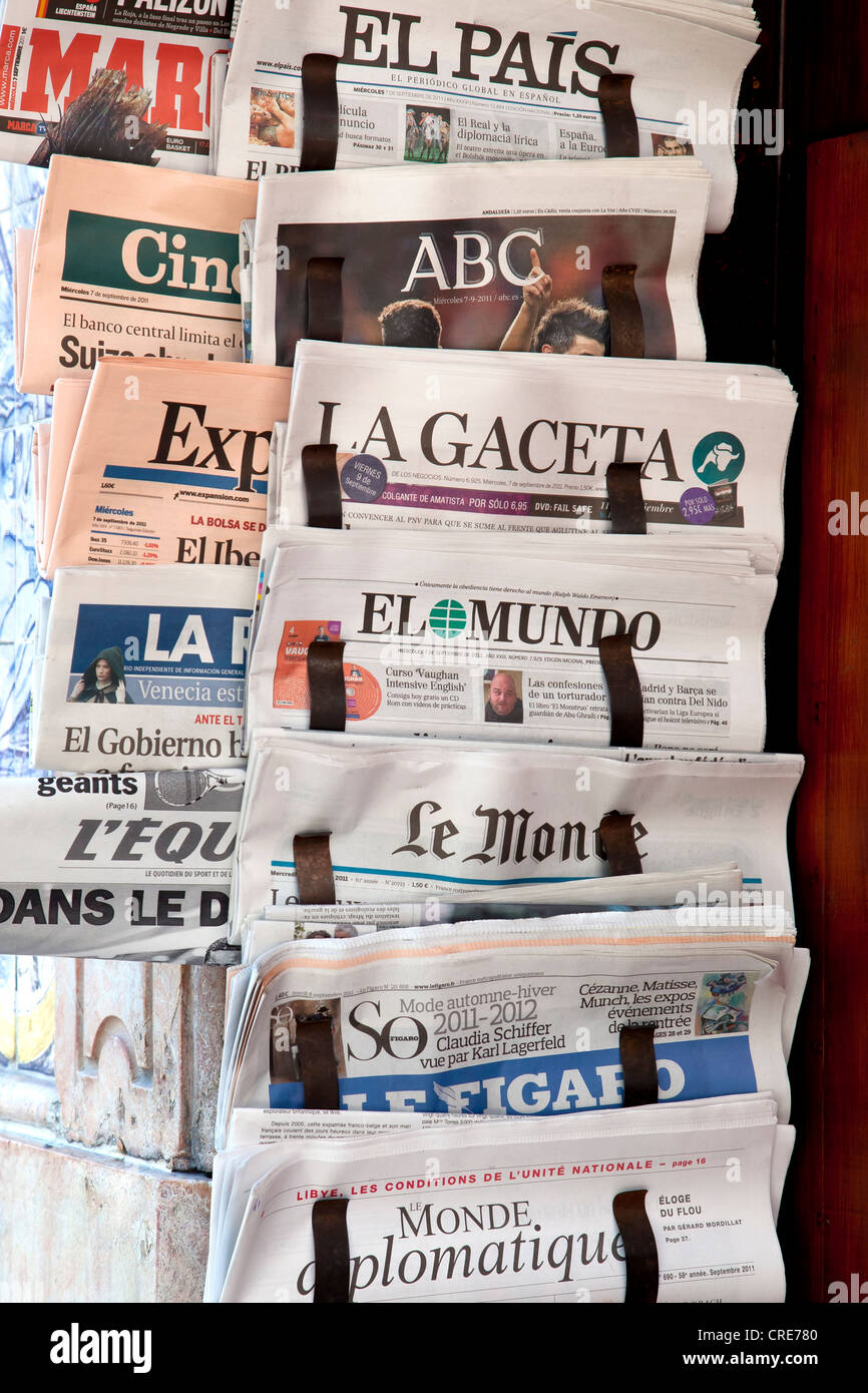 Portuguese and international newspapers at a newsstand in Lisbon, Portugal, Europe Stock Photo