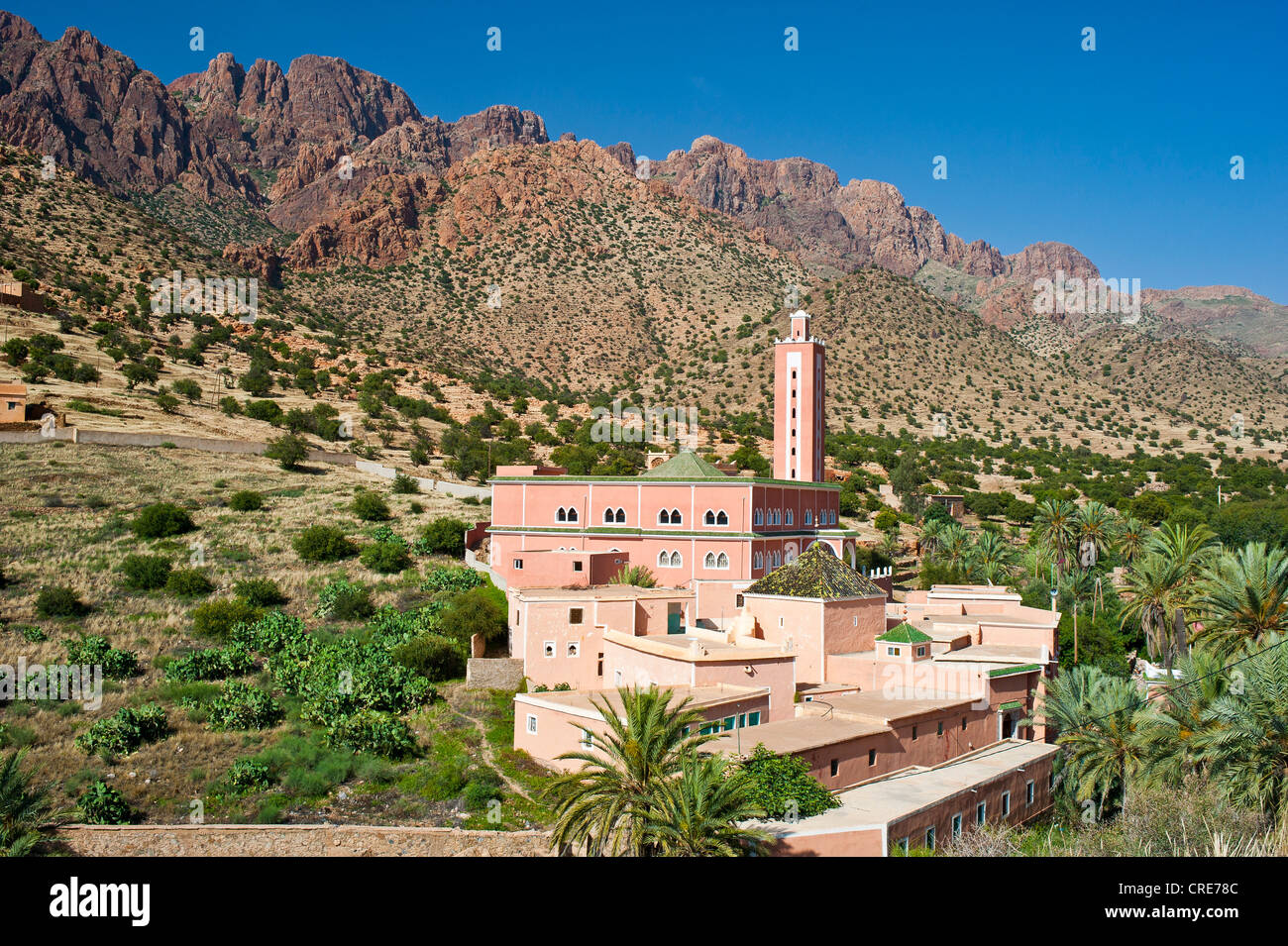 A mosque with minaret, typical mountain landscape in the Anti-Atlas mountain range, southern Morocco, Africa Stock Photo