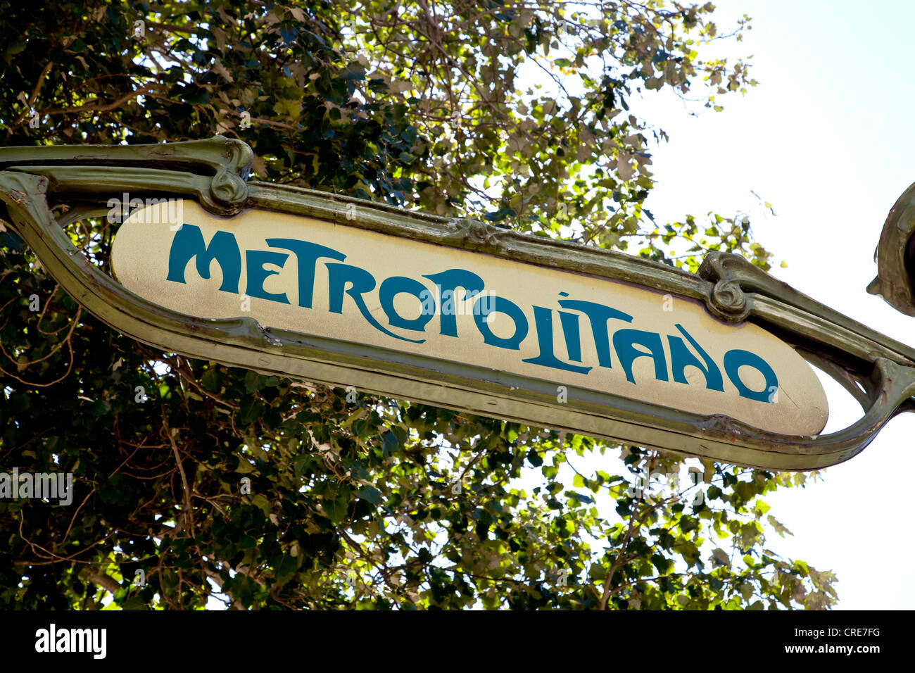 Old Art Nouveau subway sign, Metropolitano, at the metro station of Picoas in Lisbon, Portugal, Europe Stock Photo