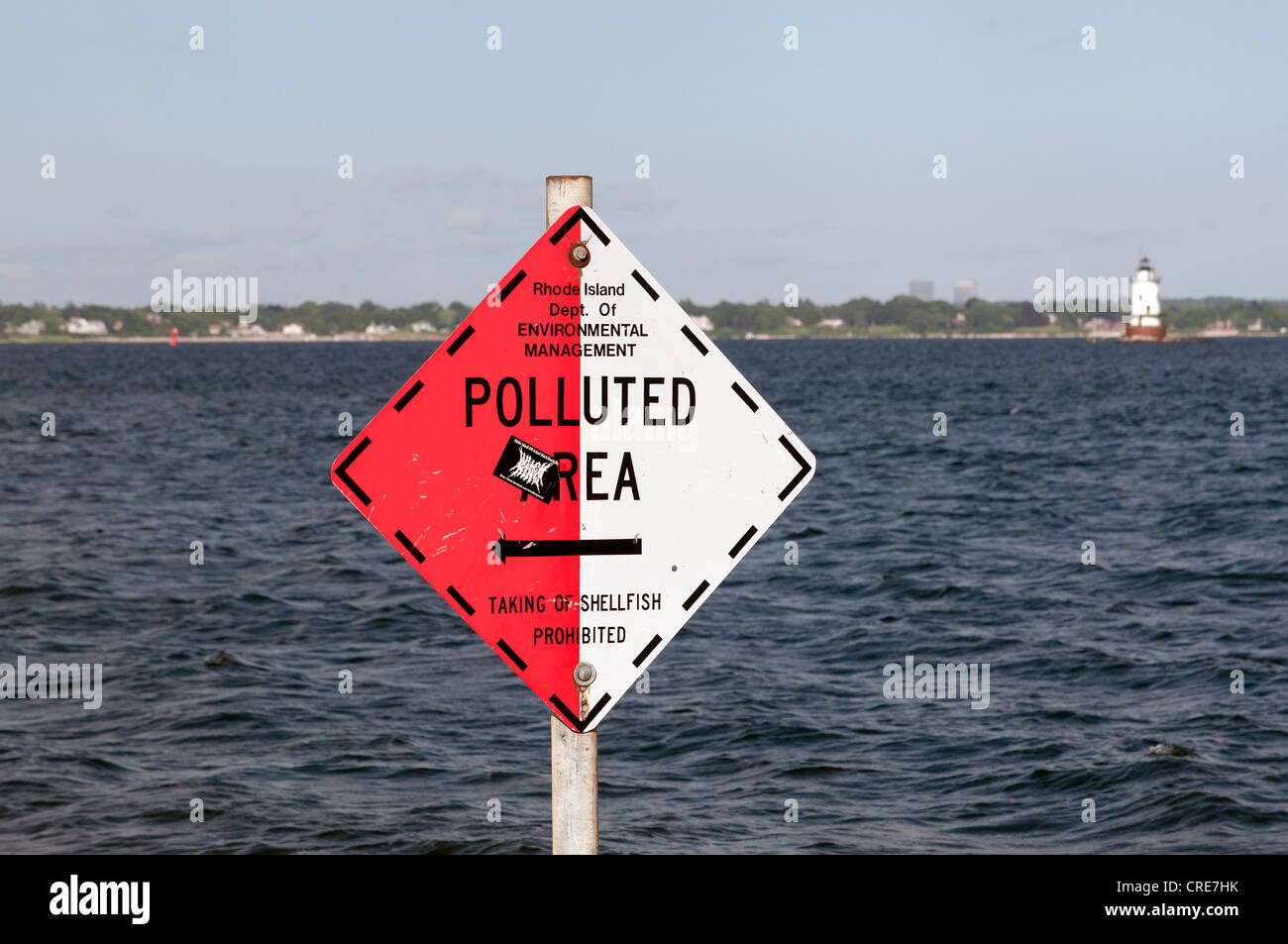 Sign marking line where shell fishing is not allowed Stock Photo