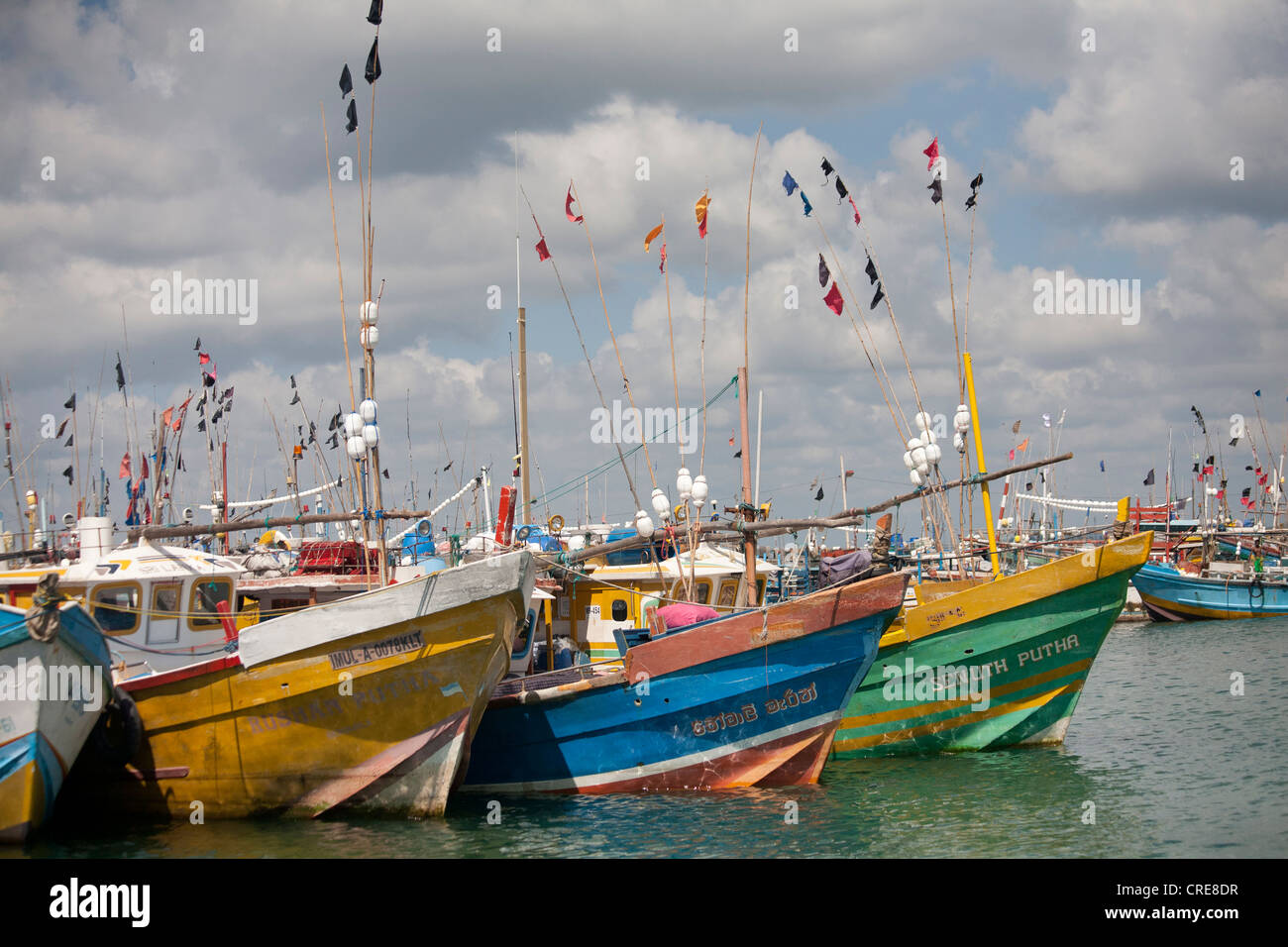Colourful Fishing boats at the Sri Lankan village of Marissa with a