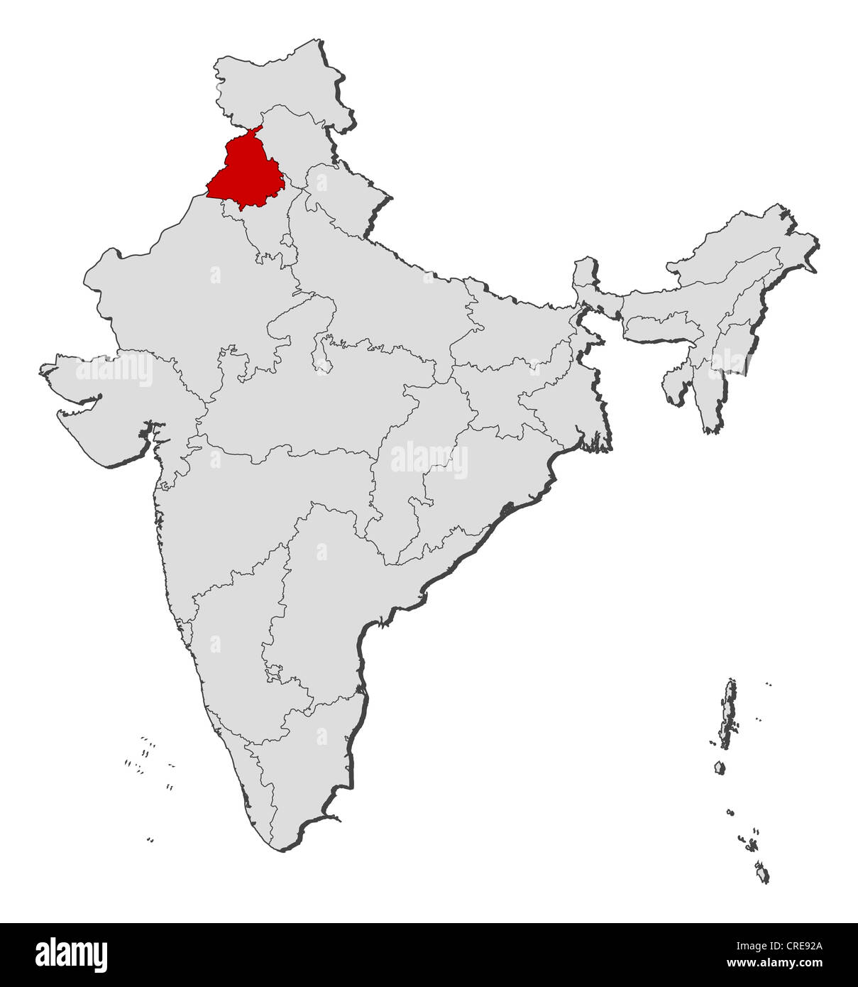 Political map of India with the several states where Punjab is highlighted. Stock Photo