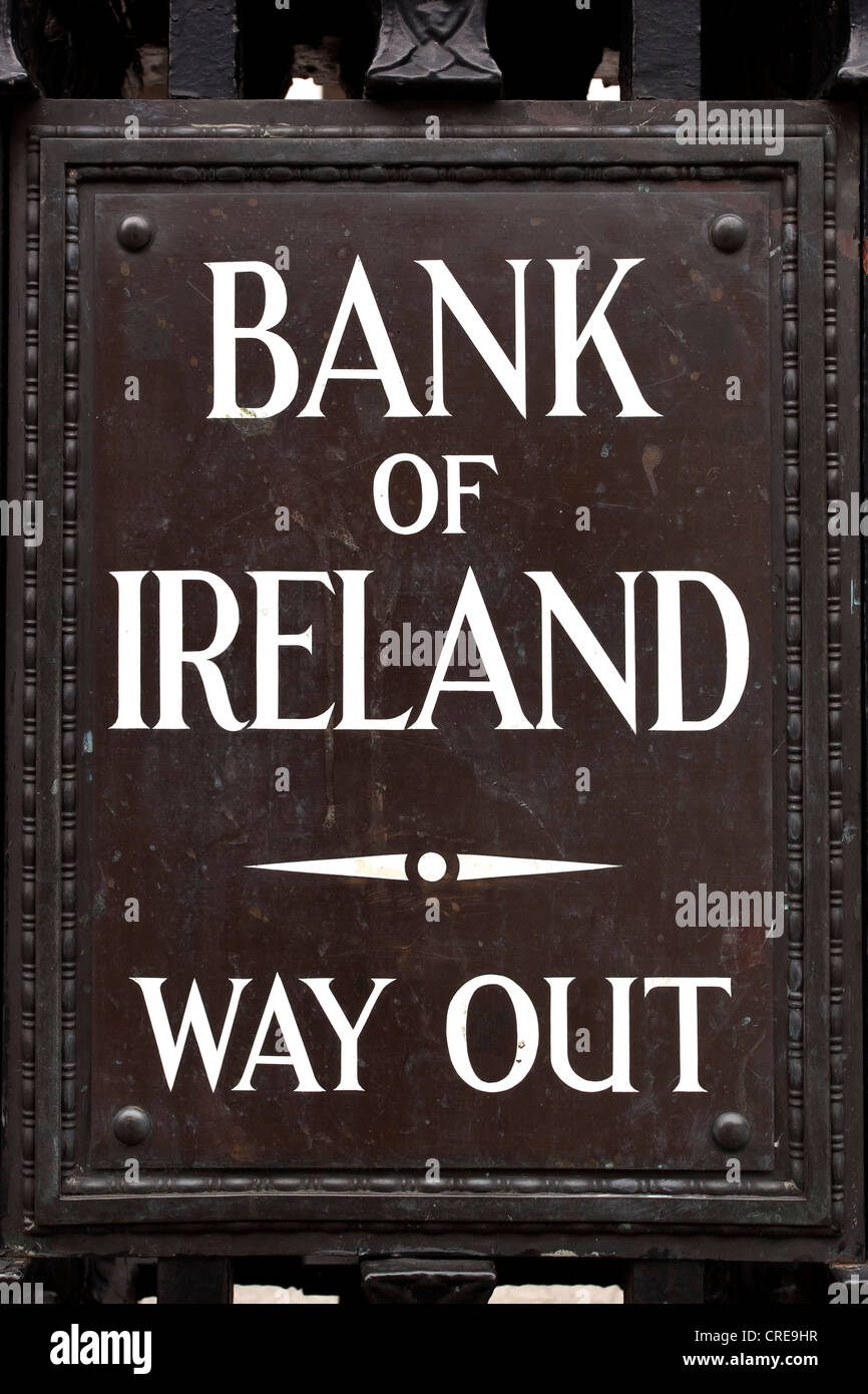 Signage, Bank of Ireland – Way Out, exit of the Bank of Ireland, Dublin, Ireland, Europe Stock Photo