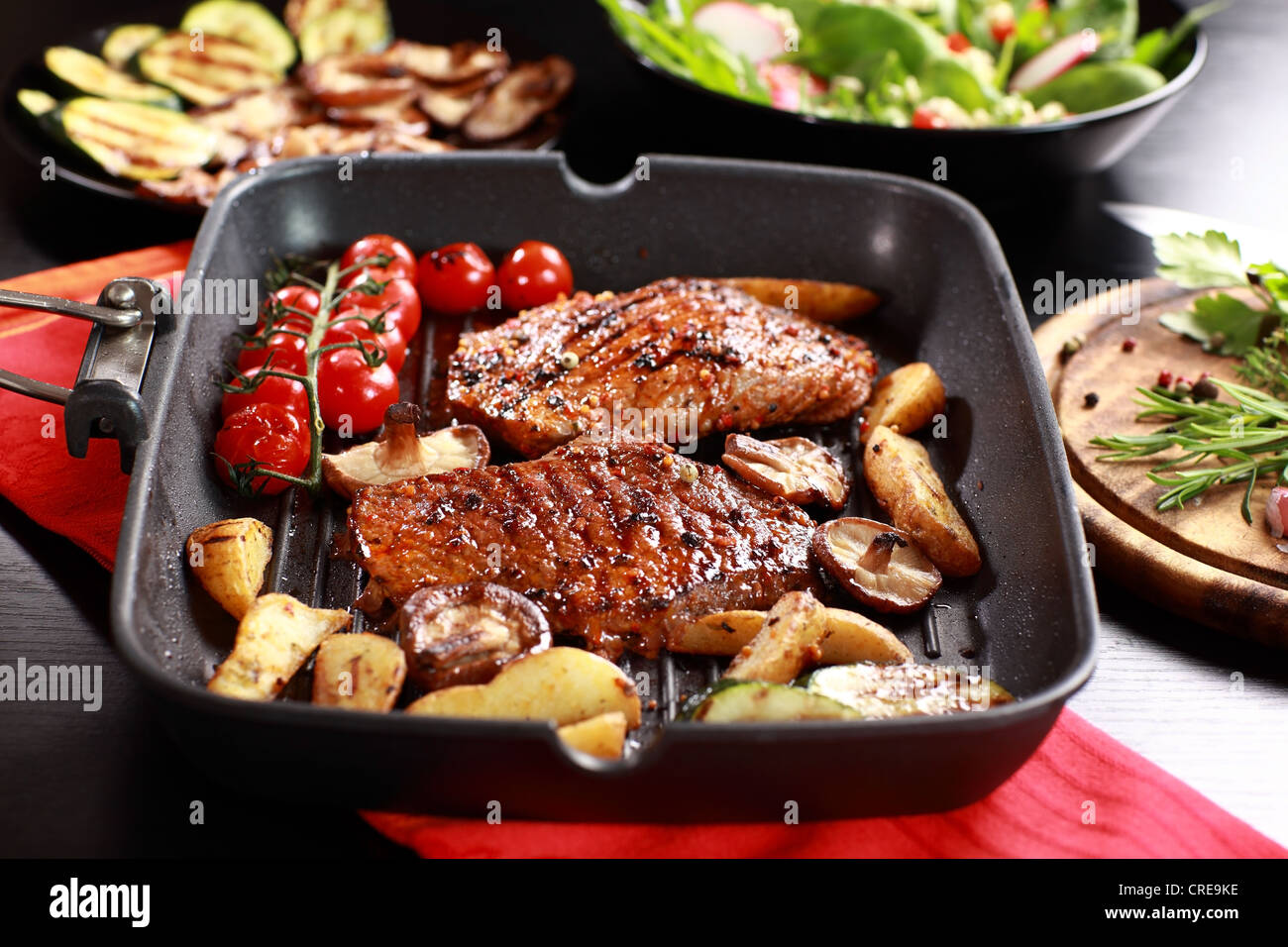 Delicious beef steak with grilled vegetable and mushrooms Stock Photo ...