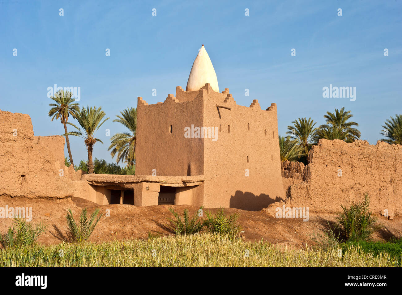 Marabout or tomb of an Islamic saint, and crumbling adobe houses in a palm grove near Skoura, Lower Dades Valley, Kasbahs Route Stock Photo