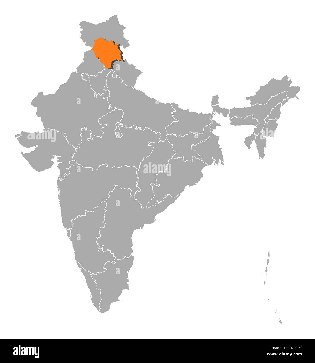 Political map of India with the several states where Himachal Pradesh is highlighted. Stock Photo