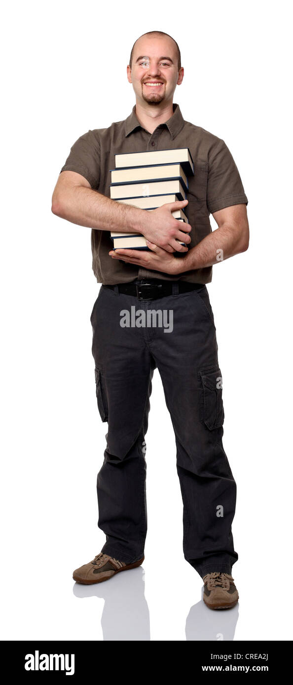 young teacher hold books on white background Stock Photo