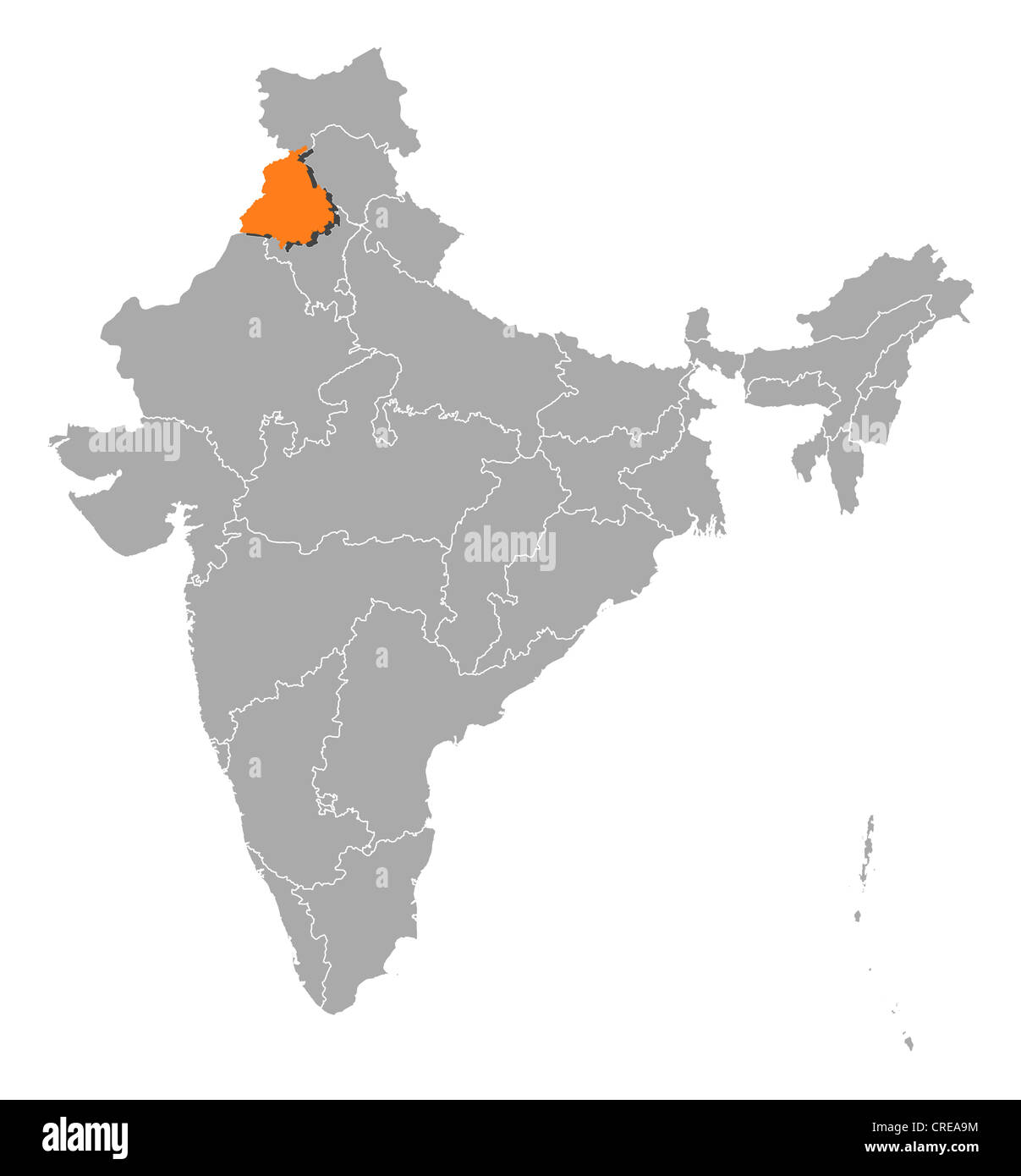 Political map of India with the several states where Punjab is highlighted. Stock Photo