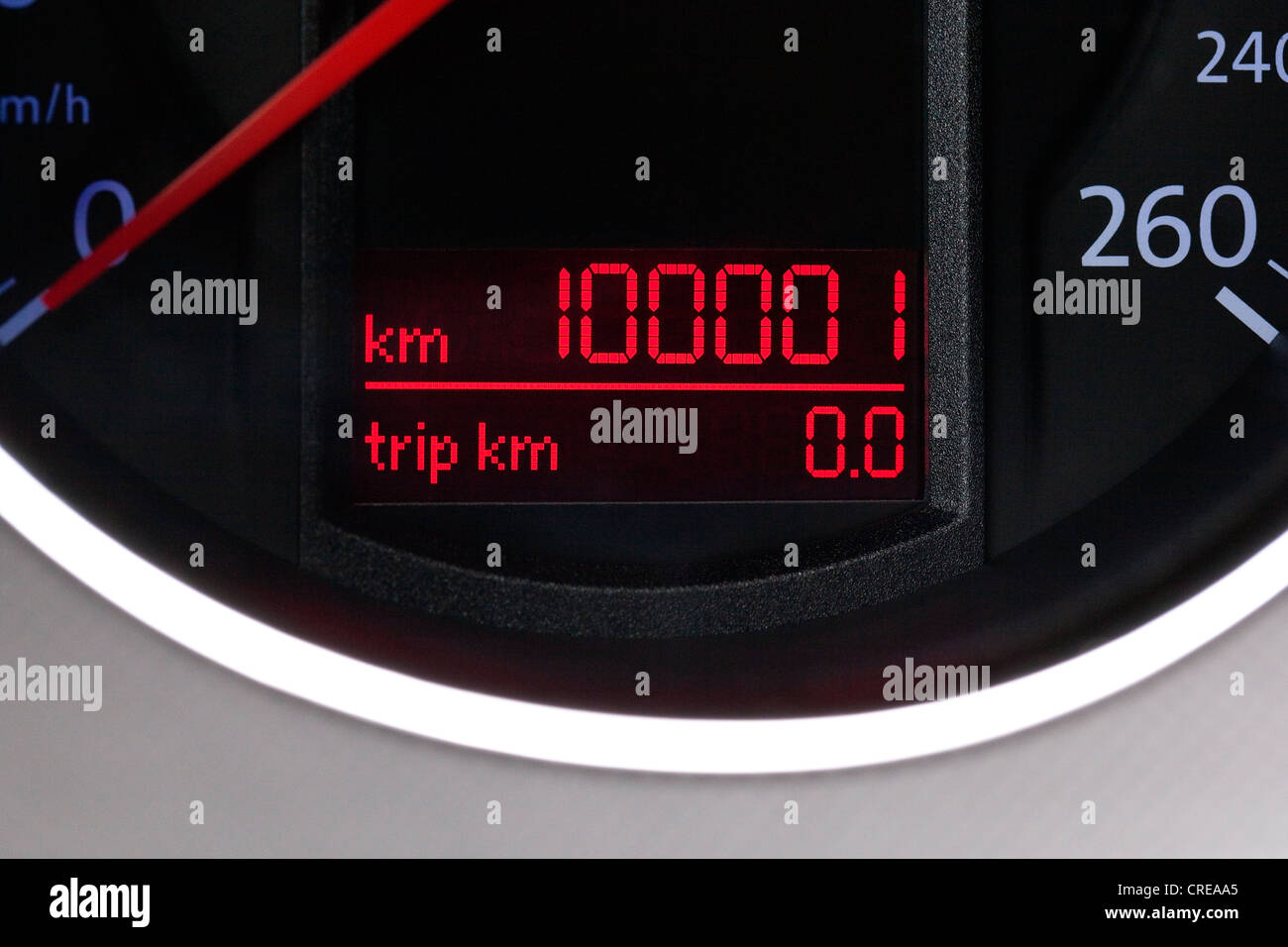 Speedometer, mileage of 100, 001 kilometers in the instrument panel in the cockpit of a Volkswagen, VW Stock Photo