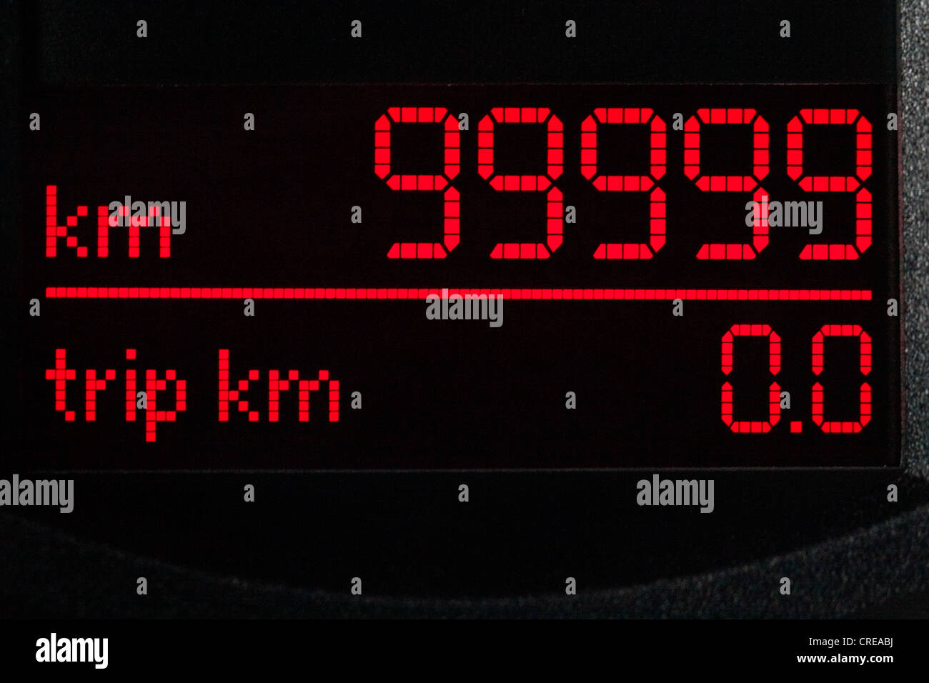 Speedometer, mileage of 99, 999 kilometers in the instrument panel in the cockpit of a Volkswagen, VW Stock Photo
