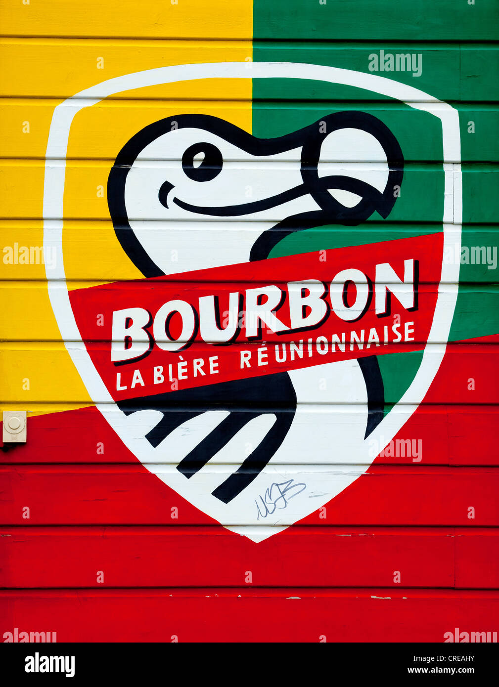 Logo, advertising on a facade for the national beer Dodo by the Bourbon Brewery, Cilaos, La Reunion island, Indian Ocean Stock Photo