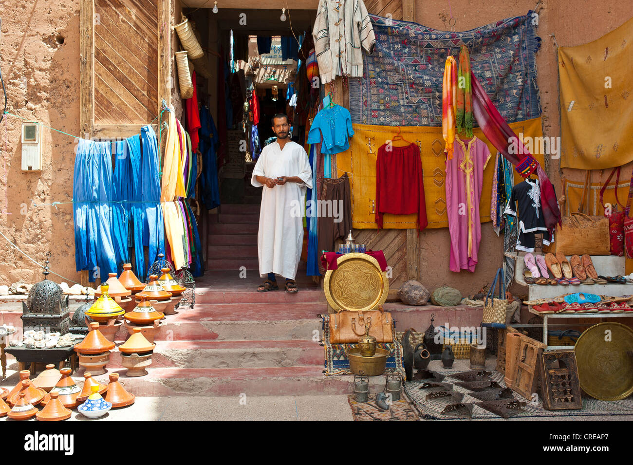 A seller and his merchandise in the souk, bazaar, Ouarzazate, Morocco, Africa Stock Photo