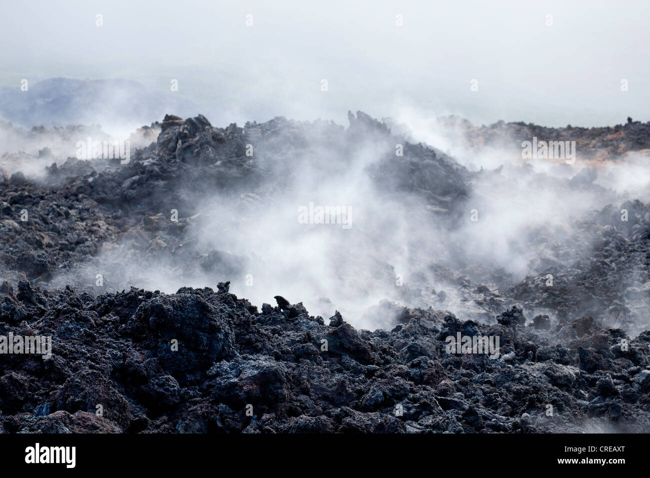 Still warm lava from an eruption of the volcano Piton de la Fournaise in 2007 steaming after rain, at Piton Sainte-Rose Stock Photo