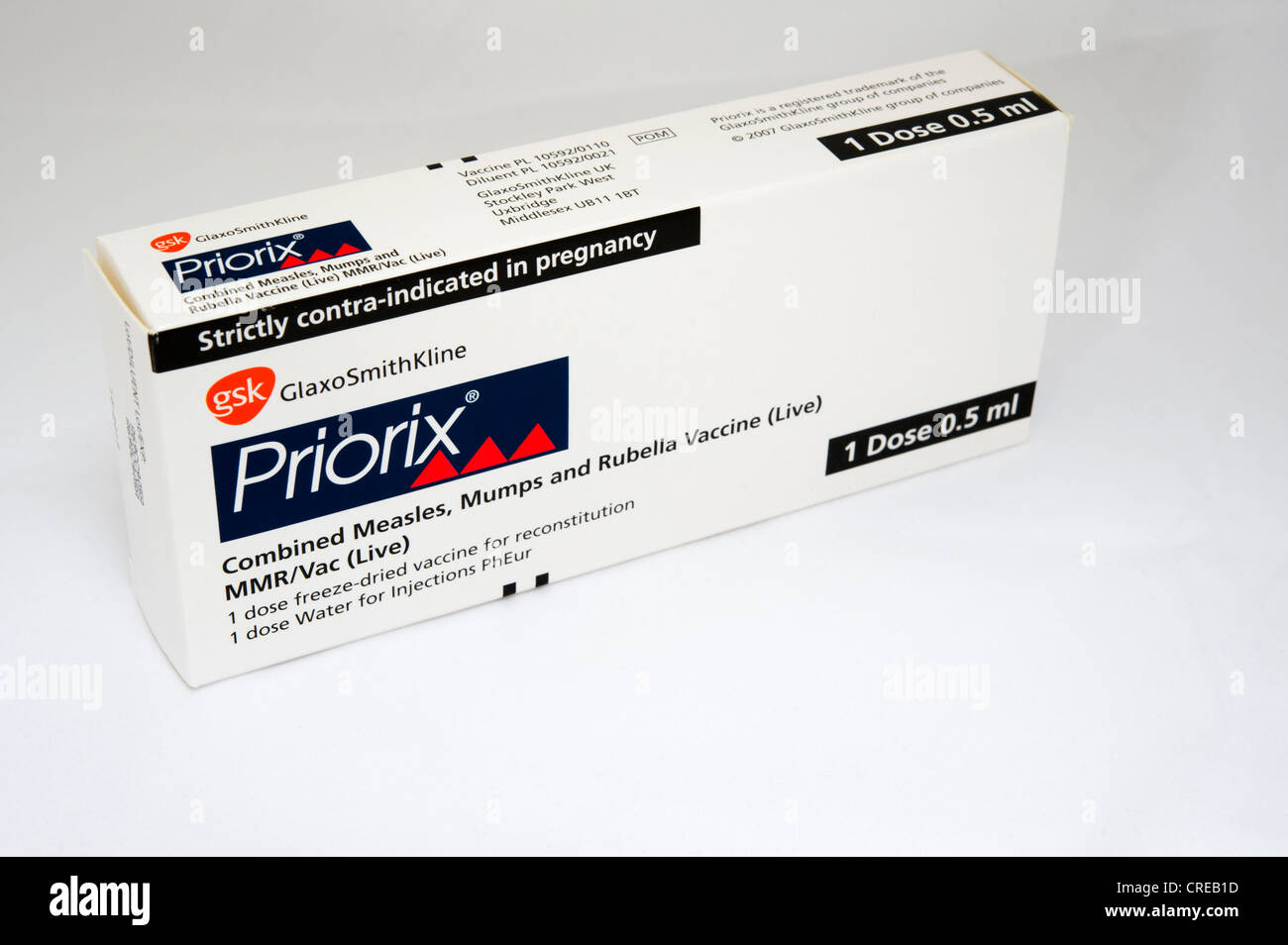 Priorix MMR measles mumps rubella vaccine box by GlaxoSmithKline pharmaceutical company Stock Photo