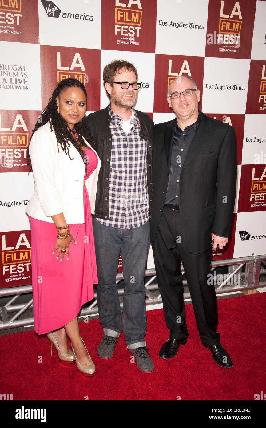 Ava DuVernay, Rainn Wilson and friend pose at the Los Angeles Film Festival premiere of 'Middle of Nowhere' at Regal Cinemas. Stock Photo