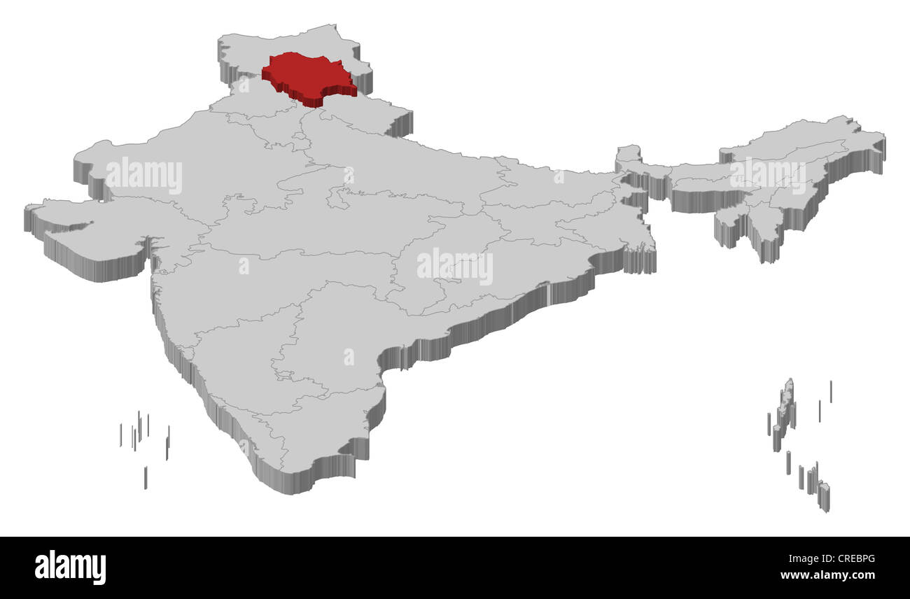 Political map of India with the several states where Himachal Pradesh is highlighted. Stock Photo