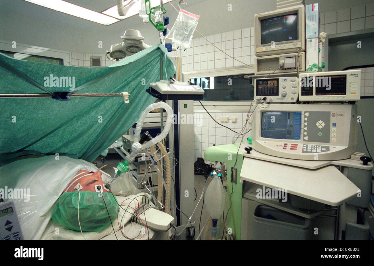 Workplace of the anesthetist during the operation, Bochum, Germany Stock Photo