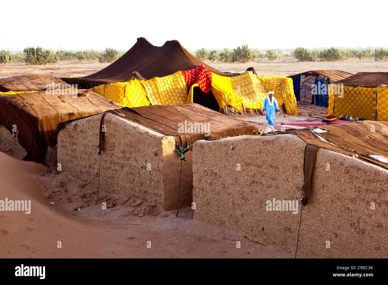 Desert camp for tourists in the sand dunes of Erg Chegaga, Sahara Desert near Mhamid, Morocco, Africa Stock Photo